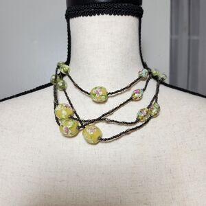 floral glass beaded long necklace mini seed beads silver stations boho Victorian